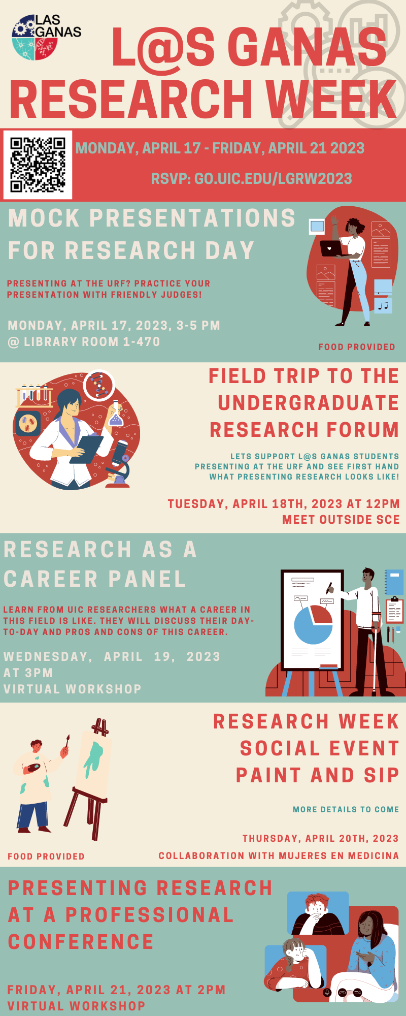Research Week workshop sessions with QR code & RSVP URL at the top.