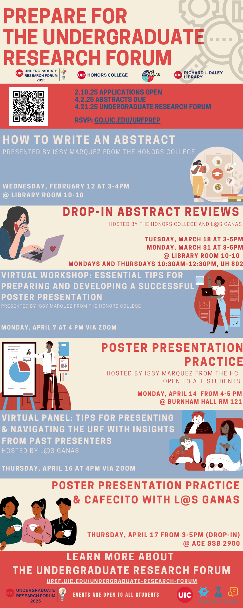 Poster of URF workshop sessions with QR code & RSVP URL at the top.